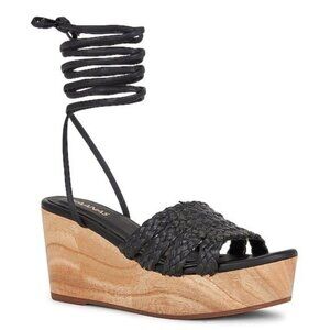Kaanas Sofia Flatform Wrap Around Wedge 8 Black Straw Ankle Tie Wood Platform